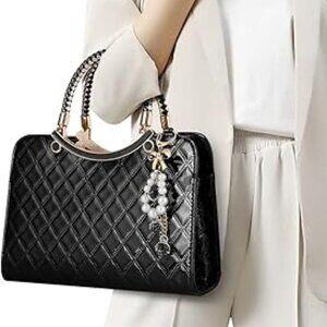 Neiman Marcus Shiny Faux Black Leather Diamond Pattern Top Handle Purse